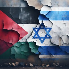 flags of Palestine and Israel painted on a cracked concrete wall. The crack is a symbol of the conflict between the two nations. representing the destruction and devastation caused by the conflict