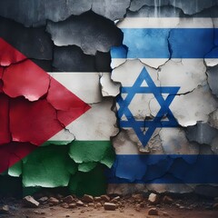 flags of Palestine and Israel painted on a cracked concrete wall. The crack is a symbol of the conflict between the two nations. representing the destruction and devastation caused by the conflict