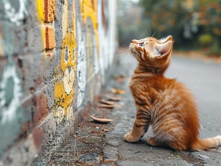 AI generated illustration of an orange kitten sitting by a wall on a street