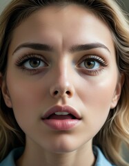 An intimate close-up of a young woman, her soft gaze and delicate features highlighted against a neutral background.
