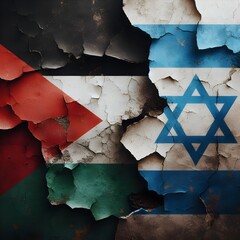 flags of Palestine and Israel painted on a cracked concrete wall. The crack is a symbol of the conflict between the two nations. representing the destruction and devastation caused by the conflict