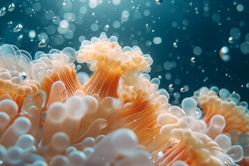 Orange and white sea anemone underwater macro natural wallpaper background