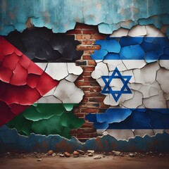 flags of Palestine and Israel painted on a cracked concrete wall. The crack is a symbol of the conflict between the two nations. representing the destruction and devastation caused by the conflict