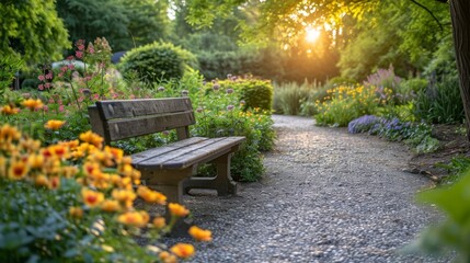 a wooden bench sitting in the middle of a flower garden