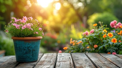a potted flower sitting on a table near some flowers - obrazy, fototapety, plakaty