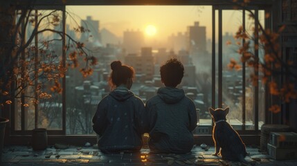 Enthralled Lovers Perched on a Window Sill