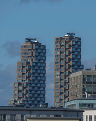 The twin towers Norra Tornen a sunny spring evening in Stockholm