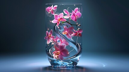 A transparent vase with a unique spiral design, filled with floating orchids and underwater lights