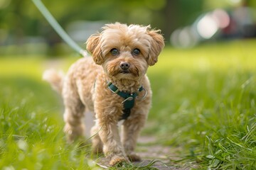 a brown dog that is walking in the grass and looking at the camera