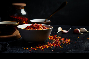 Ground chili cup on a table in dark background