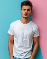 A compelling mockup featuring an attractive man confidently wearing a white blank shirt, perfect for showcasing designs
