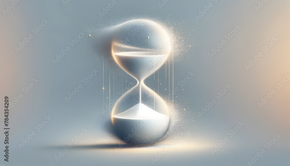 Poster a single ethereal hourglass with sand that transforms into light particles as it falls, symbolizing 