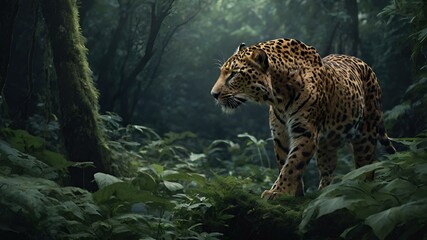 the jaguar walks through the forest in its natural habitat,