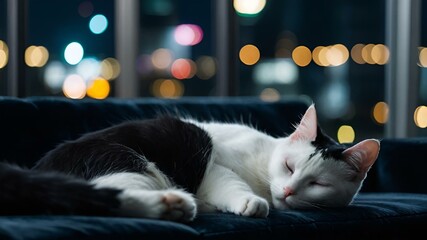 AI-generated illustration of A cat naps on a large couch - obrazy, fototapety, plakaty