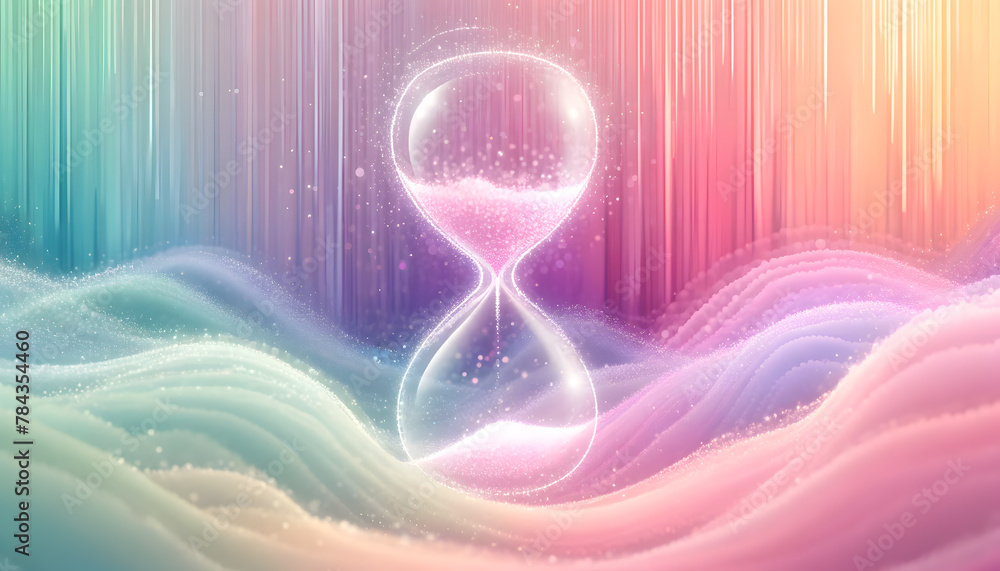 Poster A single ethereal hourglass with sand that transforms into light particles as it falls, symbolizing the fleeting nature of time.