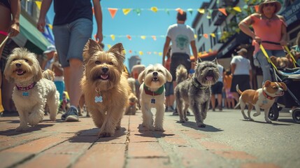 dogs on leashes walking down a street on a sunny day