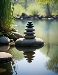 A tranquil scene featuring a stack of smooth Zen stones balanced on a large rock in a calm pond, surrounded by lush greenery reflecting on the water's surface.