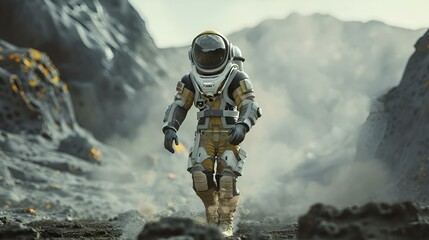 an astronaut in space suit walking down the path to a mountain - obrazy, fototapety, plakaty