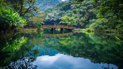 reflections in the water to capture mirror-like images of the suspension bridge