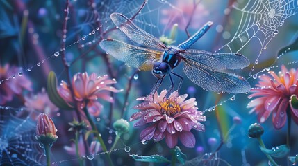 Blue dragonfly covered in dewdrops perched on pink flowers, AI-generated.