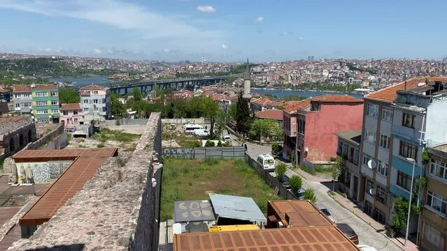 Drone shot over Istanbul cityscape on a sunny day, cloudy sky background