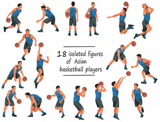 18 Thai or Japanese basketball players in blue jersey standing, running, jumping, throwing, shooting, passing the ball
