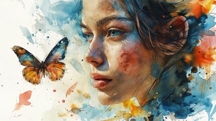 watercolor portrait of a woman with butterflies on her face