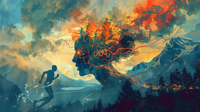 AI generated illustration of a surreal art of a man with tentacle-like hair running toward an island