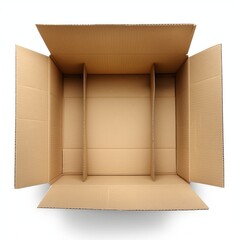 An open cardboard box isolated on a white background, representing concepts like moving, shipping, and packaging.