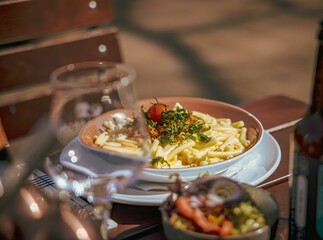 Shallow focus shot of a creamy spinach pasta on a wooden table with blur background