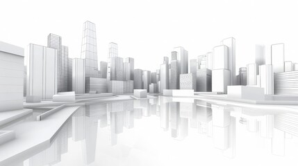 Naklejka premium Abstract modern cityscape 3d model isolated on white background with soft reflections over ground