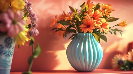 A whimsical, twisted vase in a bright color, filled with a cheerful mix of spring flowers on a craft room shelf