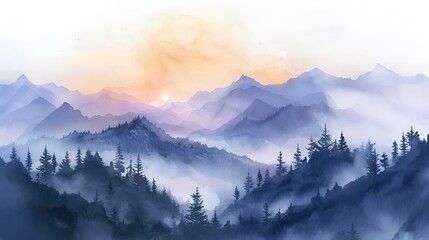 Watercolor painting of mountains with a distant mountain range in the background, AI-generated.