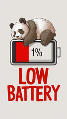 The image illustrates a sleepy panda resting on top of a battery icon that depicts 1% charge. Below...