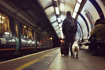 AI generated illustration of a person with dog on platform - obrazy, fototapety, plakaty