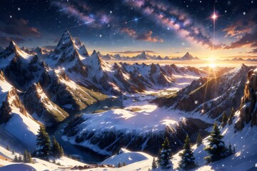 AI generated illustration of a fantasy realm with snow-capped mountains under a galaxy sky