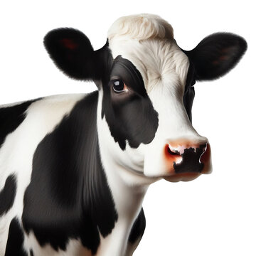 A close-up image of a black and white cow with distinctive markings. The cow showcases a curious expression, set against a dark black background.