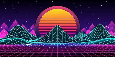 retro 80s synth synth music background with mountains and sun in the sky