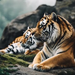 two tigers lying on the ground looking off into the distance