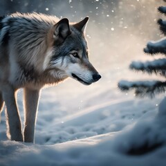 AI generated illustration of A lone wolf in the snow beside a tree