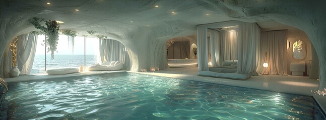 Indoor pool adjacent to a spacious living room with tall windows, AI-generated. - obrazy, fototapety, plakaty