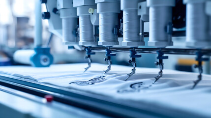 Closeup of sewing machine, textile fashion industry factory manufacturing craft. Clothing business process, tailor workshop equipment