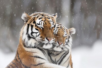 a family of Amur tigers in one frame - obrazy, fototapety, plakaty