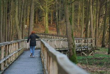 Fototapeta premium Back view of a female walking on the Ocean Bridge in the forest in Harpstedt, Germany