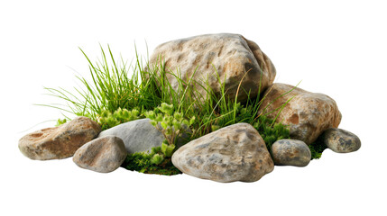 Closeup of nature lichen stone rocks with green grass cut out isolated transparent background - obrazy, fototapety, plakaty