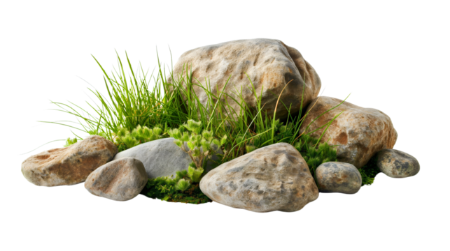 Closeup of nature lichen stone rocks with green grass cut out isolated transparent background