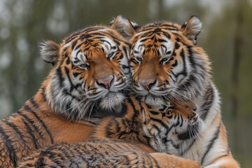 a family of Amur tigers in one frame