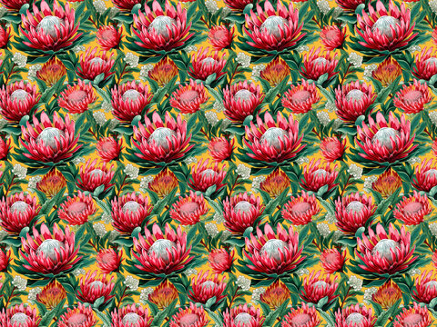 AI generated illustration of proteas pattern on green backdrop with blooms