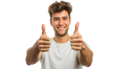 Happy positive young man with his thumbs up smiling, like sign. Good hand gesture, studio portrait, okay and trust concept for successful businessman. Approval or agreement, yes,transparent background