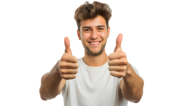 Happy positive young man with his thumbs up smiling, like sign. Good hand gesture, studio portrait, okay and trust concept for successful businessman. Approval or agreement, yes,transparent background